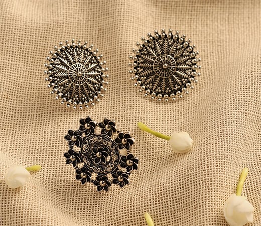 Combo of One Round Shaped Oxidised Earrings and One Flower Silver Ring