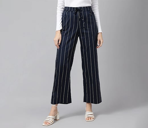 Women Navy Blue & White Regular Fit Striped Trousers