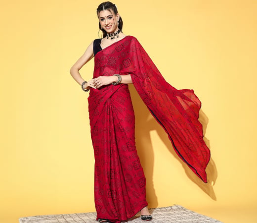 Womens Lycra Blend Red Printed Celebrity Saree with Unstitched Blouse