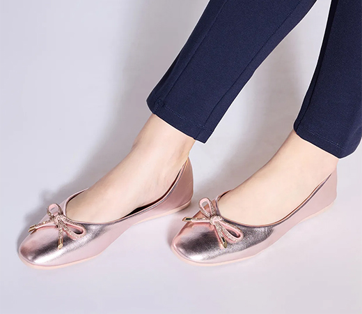 Rose Gold Round Toe Embellished Bow Ballet Flats