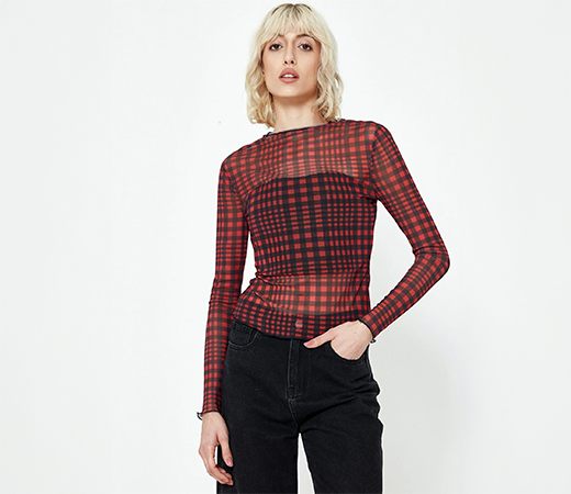 Red & Black Check Mesh Top