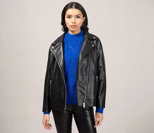 Black Solid Oversized Faux Leather Biker Jacket