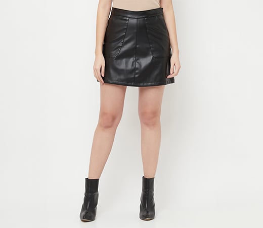 Women Black Solid Mini A-line Leather Skirt