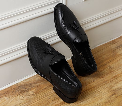 Black Textured Loafers For Men