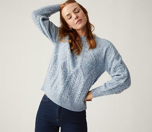 Blue Cable Knit Pointelle Sweater