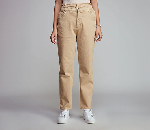 Khaki High Rise Paper Bag Waist Denim Jeans
