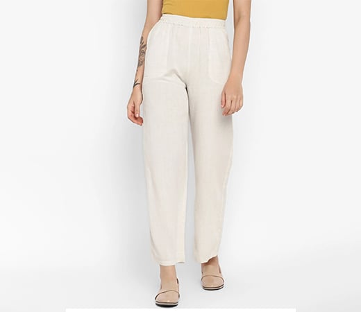 Ivory Solid Linen Pants For Women