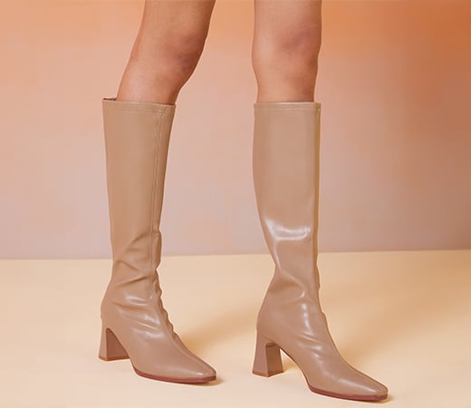 Beige Knee Length Block Heel Boots