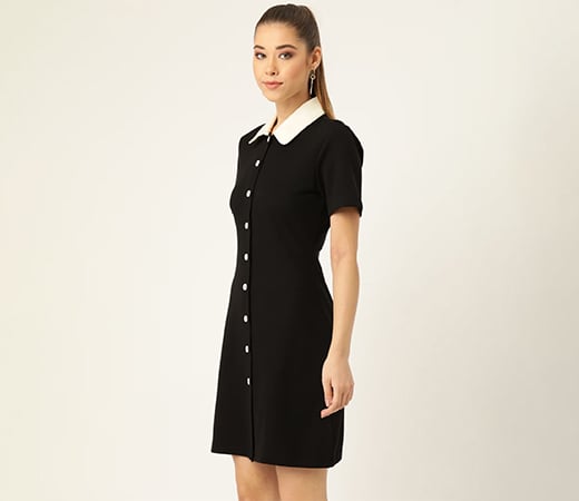 Black Rib Buttoned Shirt Dress