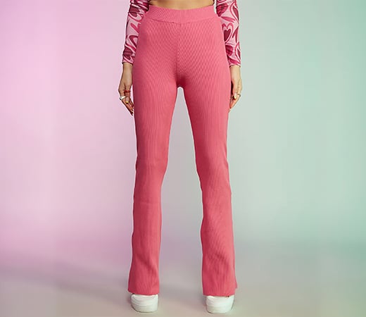 Pink Ribbed High Waist Bootcut Pants