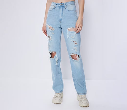 Blue Ripped Straight Jeans