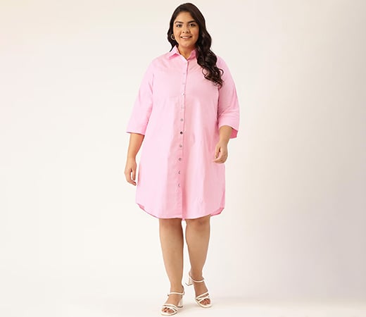 Plus Size Womens Pink Solid Color Cotton Shirt Dress