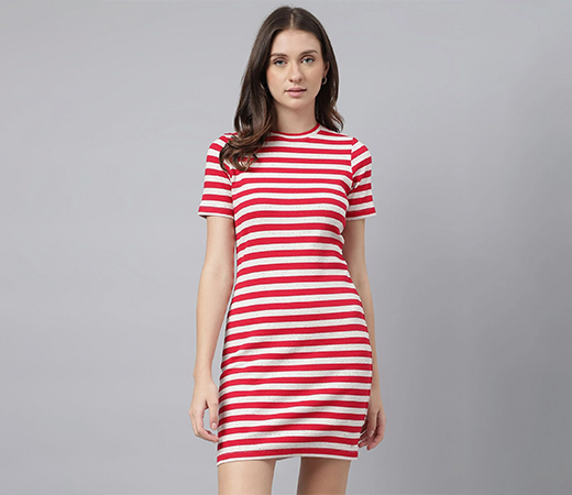Women Red Solid Round Neck T-Shirt Dress