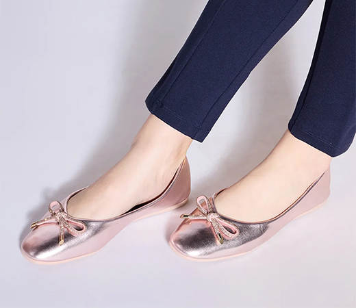 Rose Gold Round Toe Embellished Bow Ballet Flats