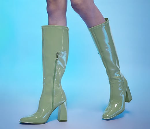 Green Square Toe Knee Length Heeled Boots