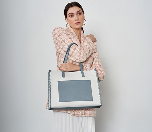 Brooklyn Large-Sized Tote Bag for Women with Front Flap Pocket - Ivory & Blue