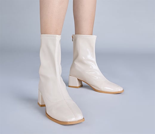 Cream Square Toe Ankle Length Block Heeled Boots