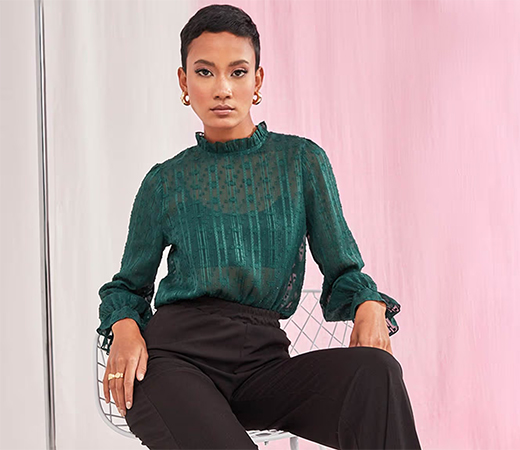 Green Sheer Long Sleeves Dobby Spot High Neck Blouse