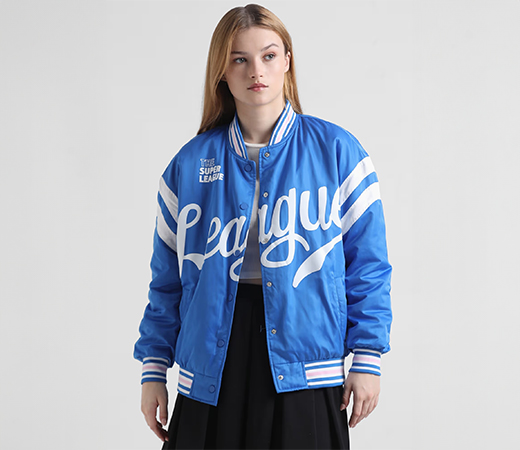 Blue Typographic Varsity Bomber Jacket