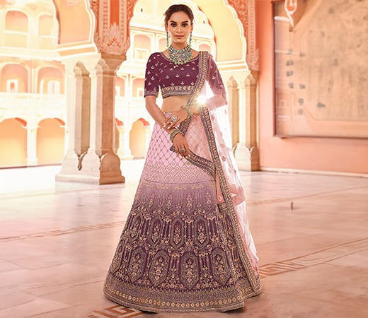 Wine Embroidered Velvet Semi Stitched Lehenga with Unstitched Blouse