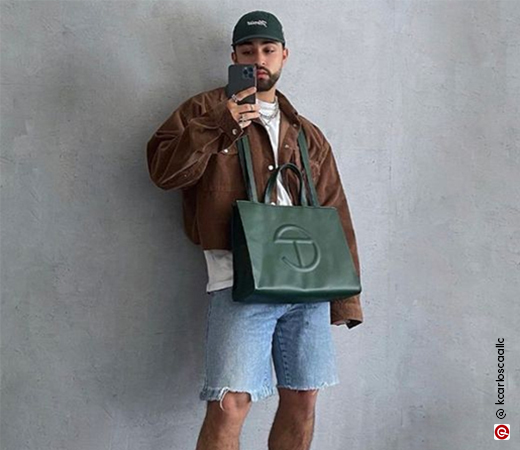 Man wearing a denim jacket with denim shorts and a white t-shirt