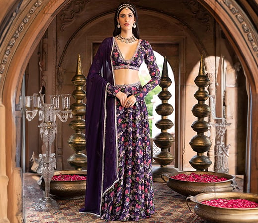 Chhavvi Aggarwal purple floral printed lehenga with blouse and dupatta