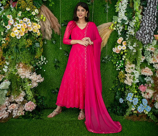  Label Shaurya Sanadhya pink thread work anarkali suit