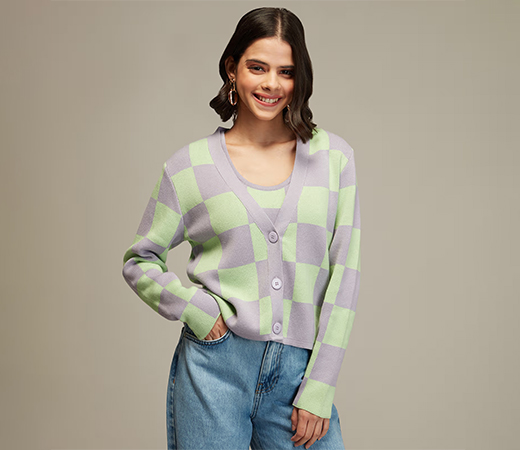 Lilac and Mint Green Checked Top and Cardigan Set