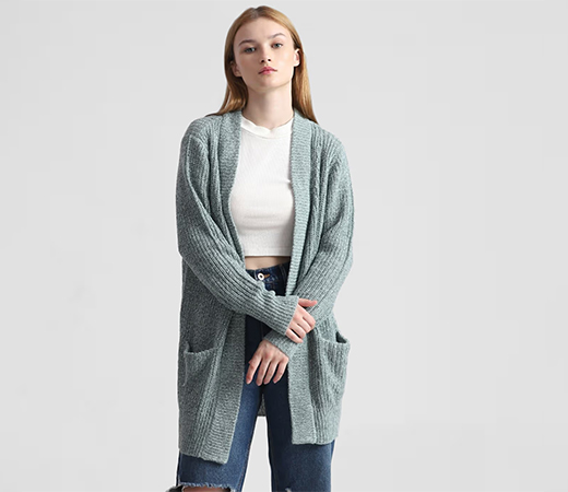 Women Knitted Casual Green Cardigan