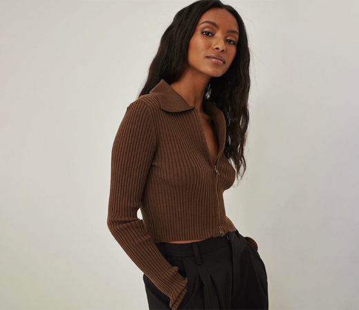 Two Way Zipper Knitted Sweater Brown