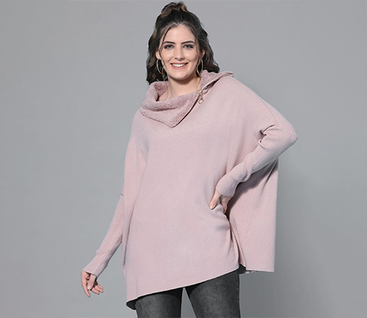 Women Solid Long Sleeves Turtle Neck Viscose Peach Sweater
