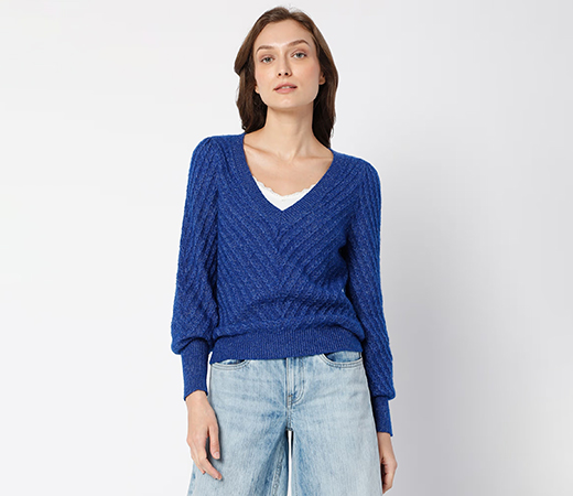 Women Self Design Blue Sweater