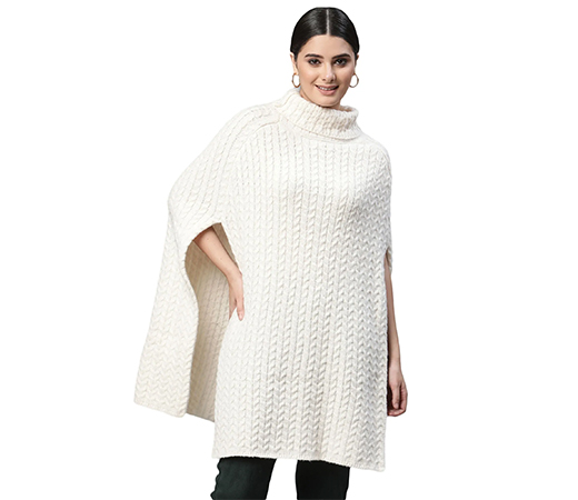 Women Turtle Neck Mock-Sleeves Off White Textured Loose Fit Acrylic Ponchu