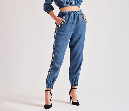 Love Blue Denim Embroidered Joggers