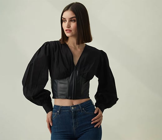 Black crop top with puffed sleeves