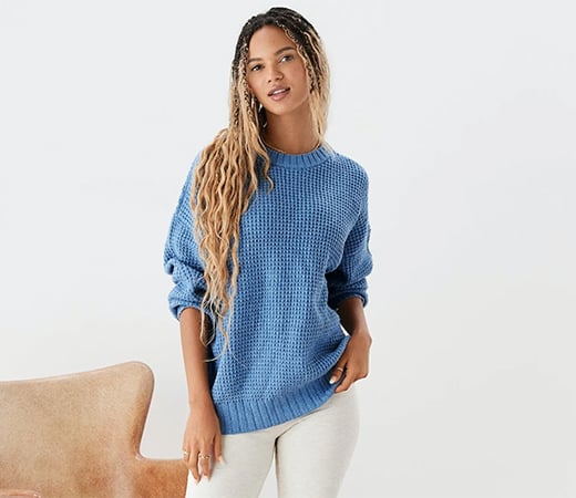 Women Blue Oversized Waffle Knit Sweater