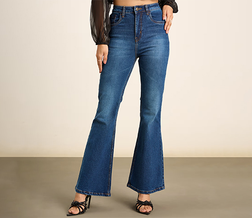 Mid Blue Wide Leg Mid Waist Solid Denims