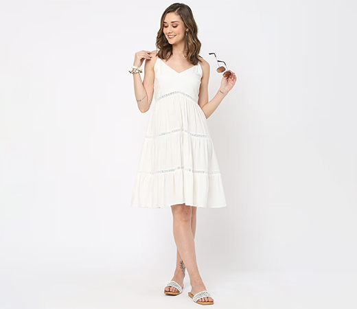 Women White Solid Knee Dress