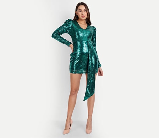 Green Sequin Puff Sleeve Draped Bodycon Mini Dress
