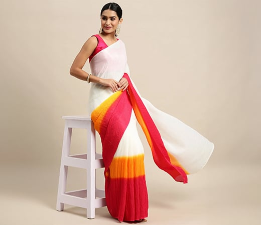 Designer White and Pink Colorblocked Pure Chiffon Saree with Unstitched Blouse