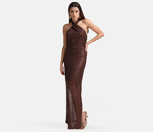 x Janhvi Kapoor Brown Sequin Halter Neck Maxi Dress
