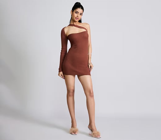 Brown Solid Ribbed One Shoulder Bodycon Dress