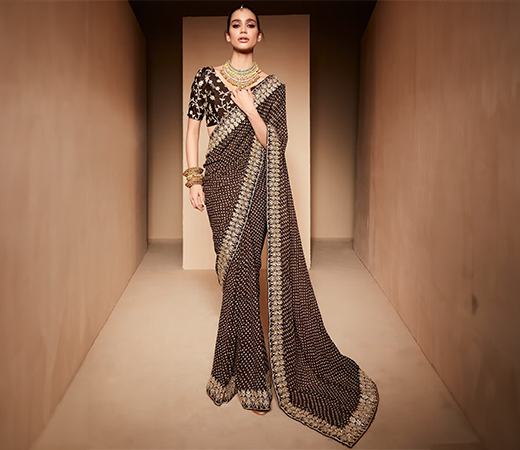 Georgette Brown Zari Embroidered Designer Saree