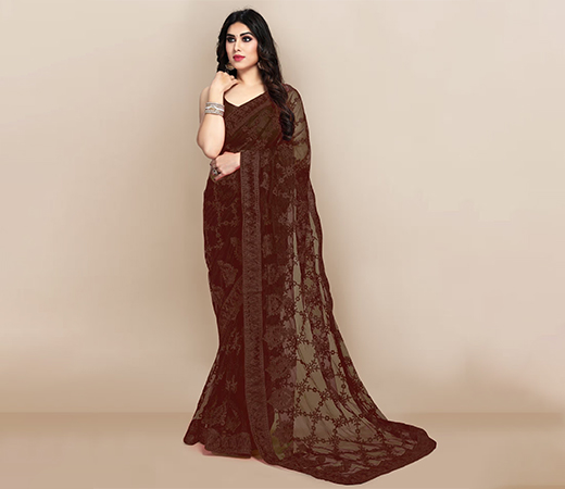 Ethnic Motifs Embroidered Net Saree Brown