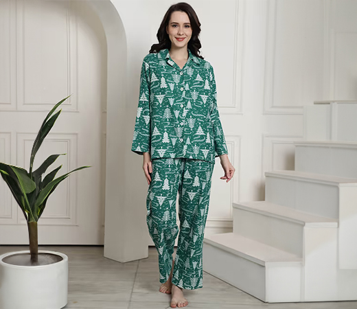 Secret Wish Green Christmas Print Cotton Flannel Night Suit
