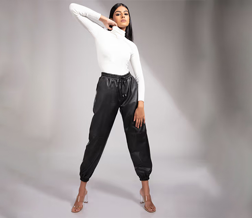 Twenty Dresses by Nykaa Fashion black leather joggers
