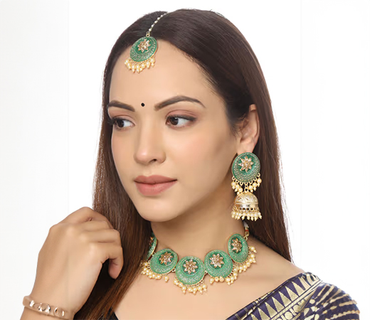  VIRAASI Green Enamelled Choker Necklace Set
