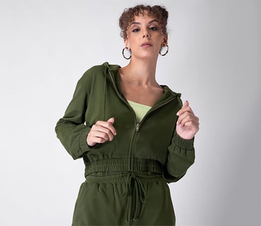  FabAlley Green Zipped Smocked Waist Straight Fit Hoodie