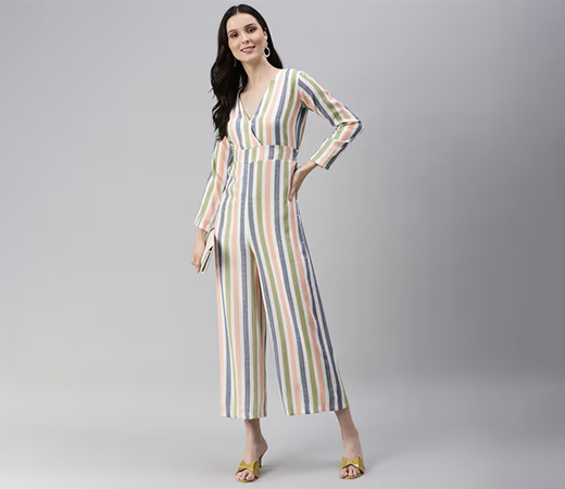  SHOWOFF Women’s V-neck Long Sleeves White Striped Jumpsuit
