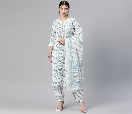  Readiprint Fashions Blue and White Cotton Kurta, Pants and Dupatta